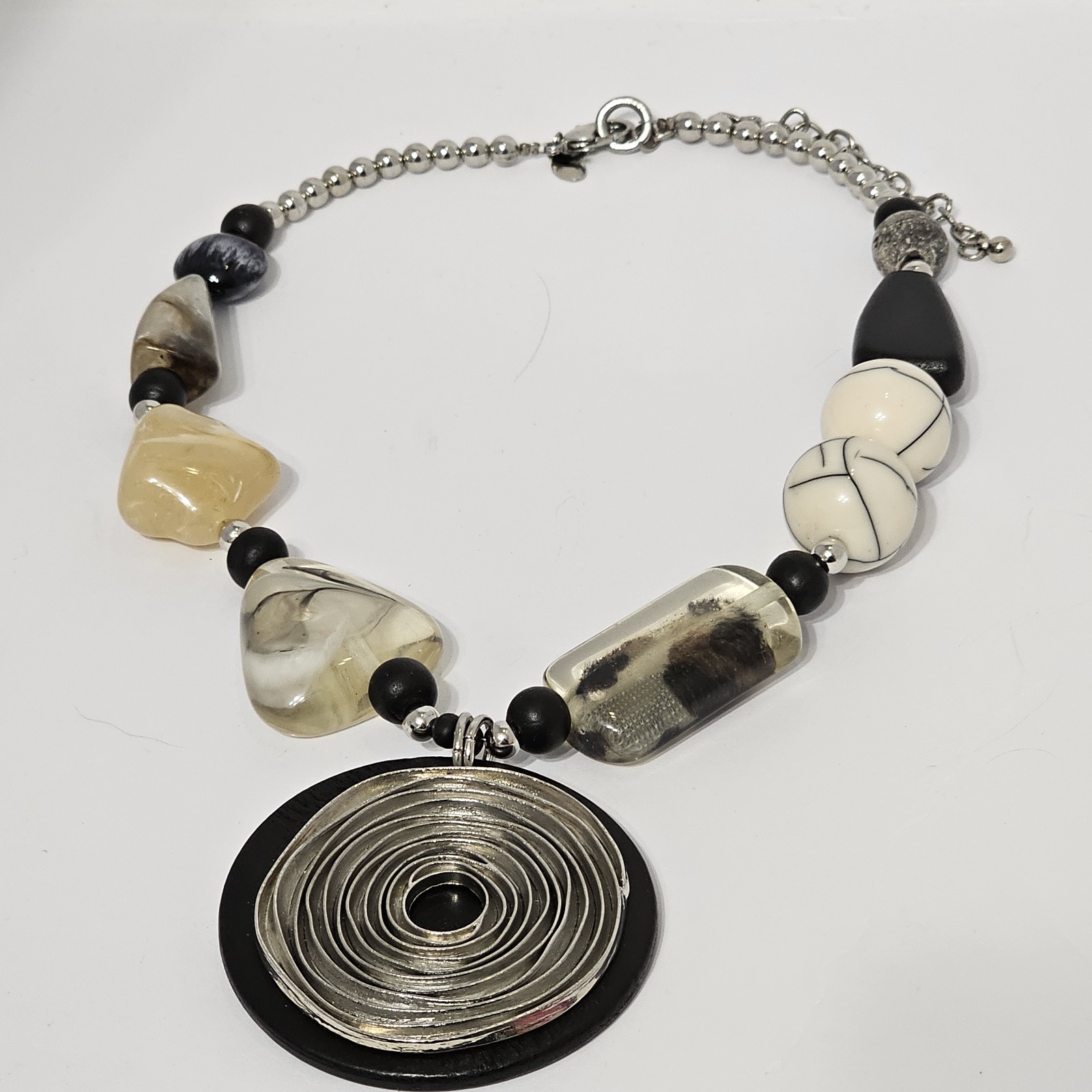 Chicos Chunky Statement Pendant Necklace Silver Spiral Wood Art Wear Stone Bead