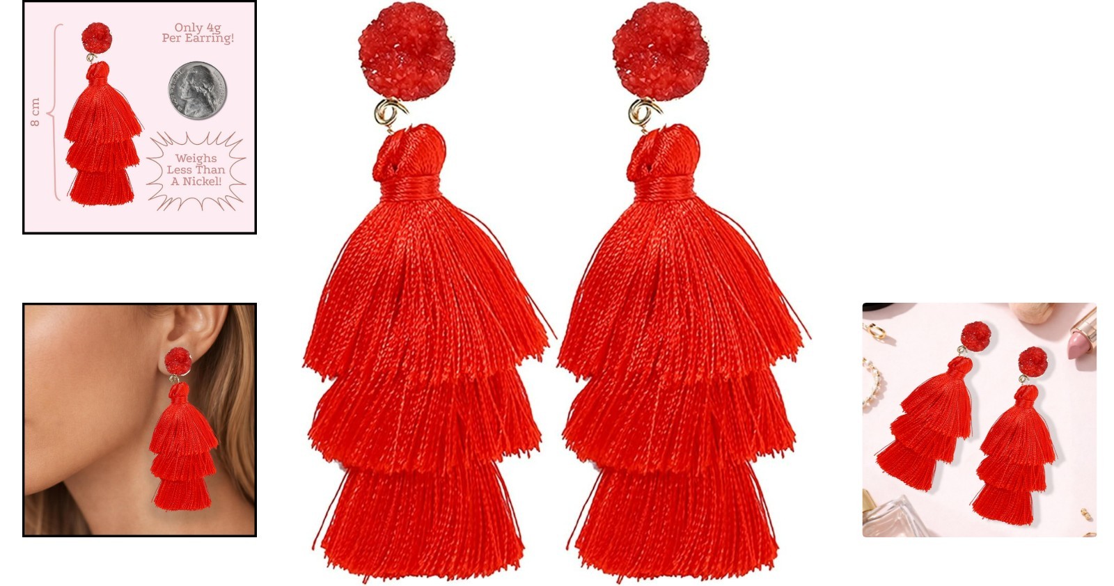 Lightweight Red Tassel Earrings for Women – Chic Drop Design, Perfect Gift