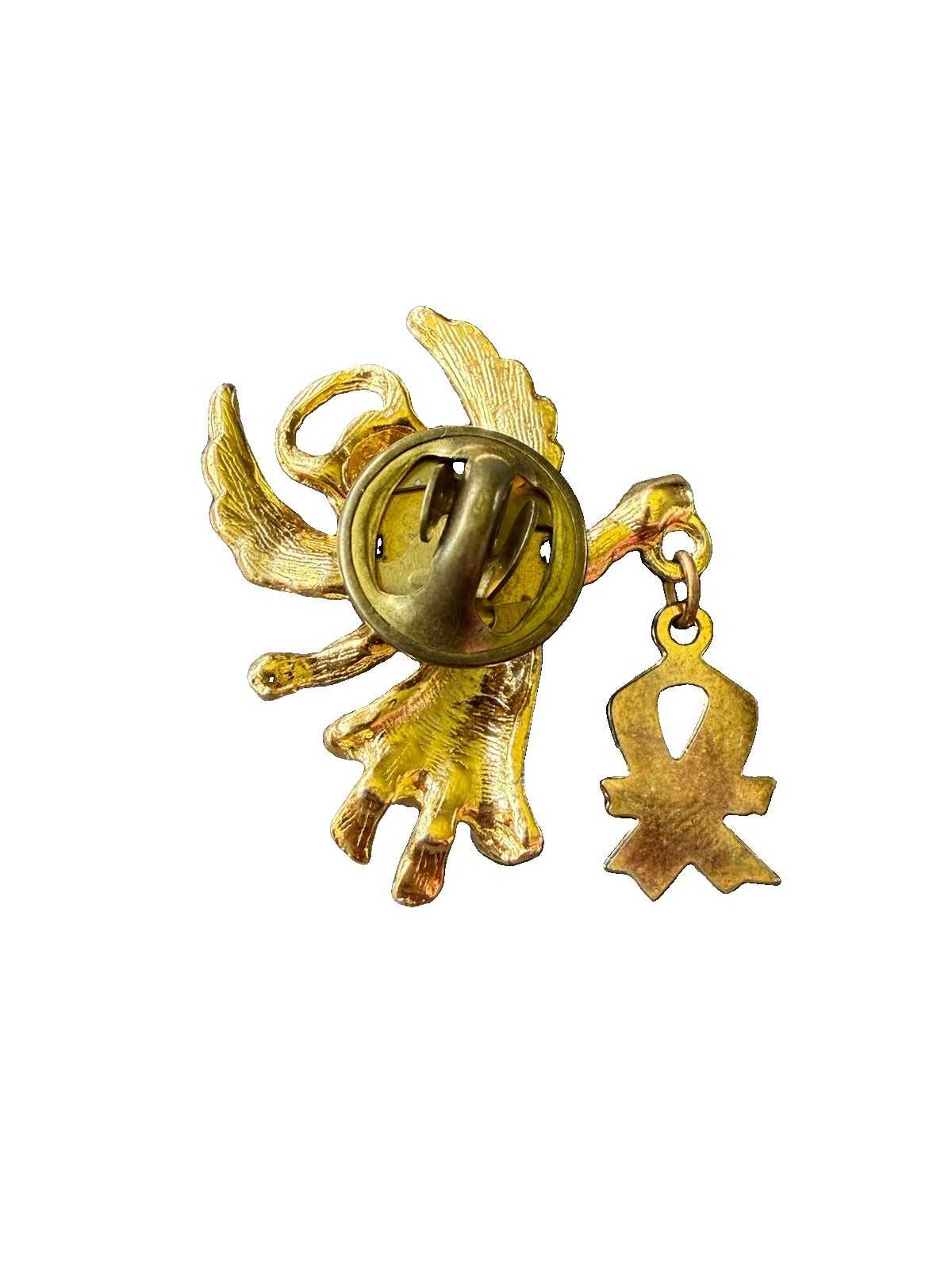Vintage Gold Tone Flying Angel Pin With Victory Ribbon Charm & Stone