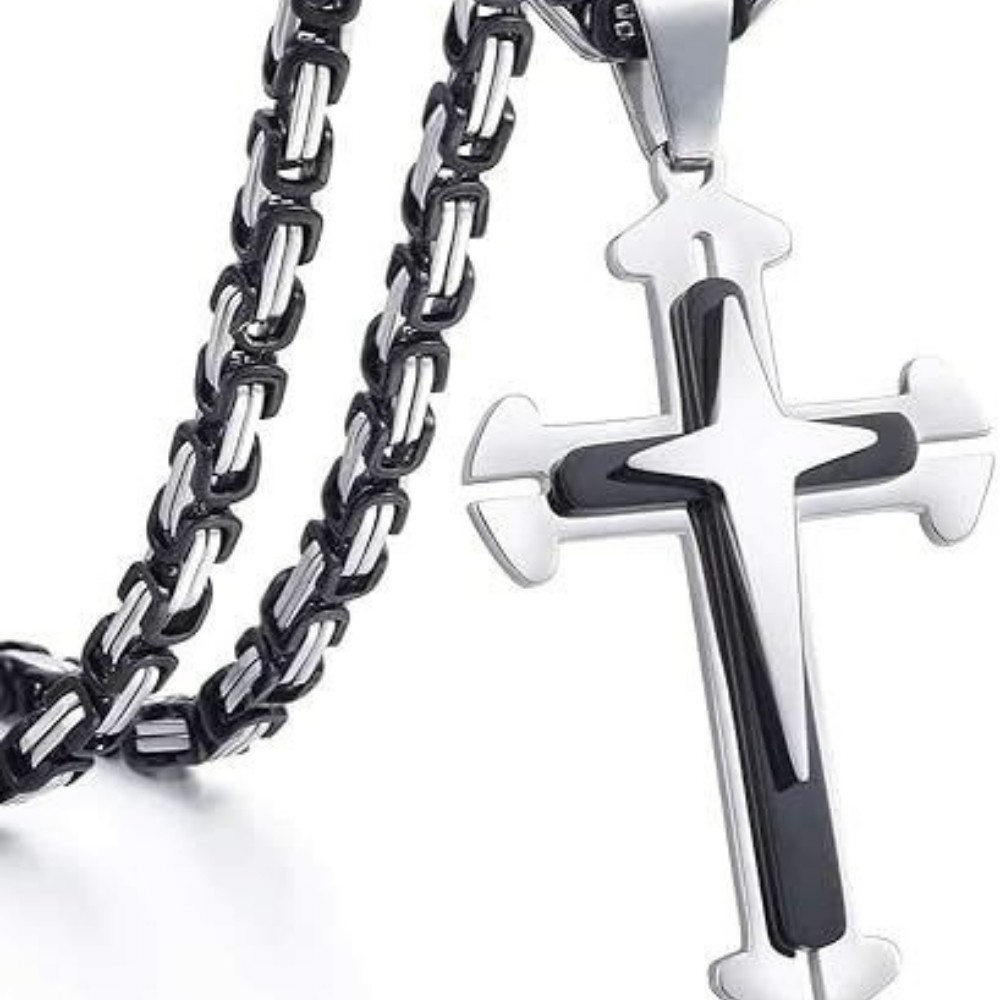 Men’s Heavy Solid Christian Cross Pendant Necklace Three Layer Stainless Steel