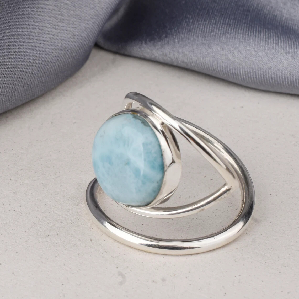 Unique Evil Eye Larimar Ring 925 Sterling Silver Adjustable Ring Gift For Her