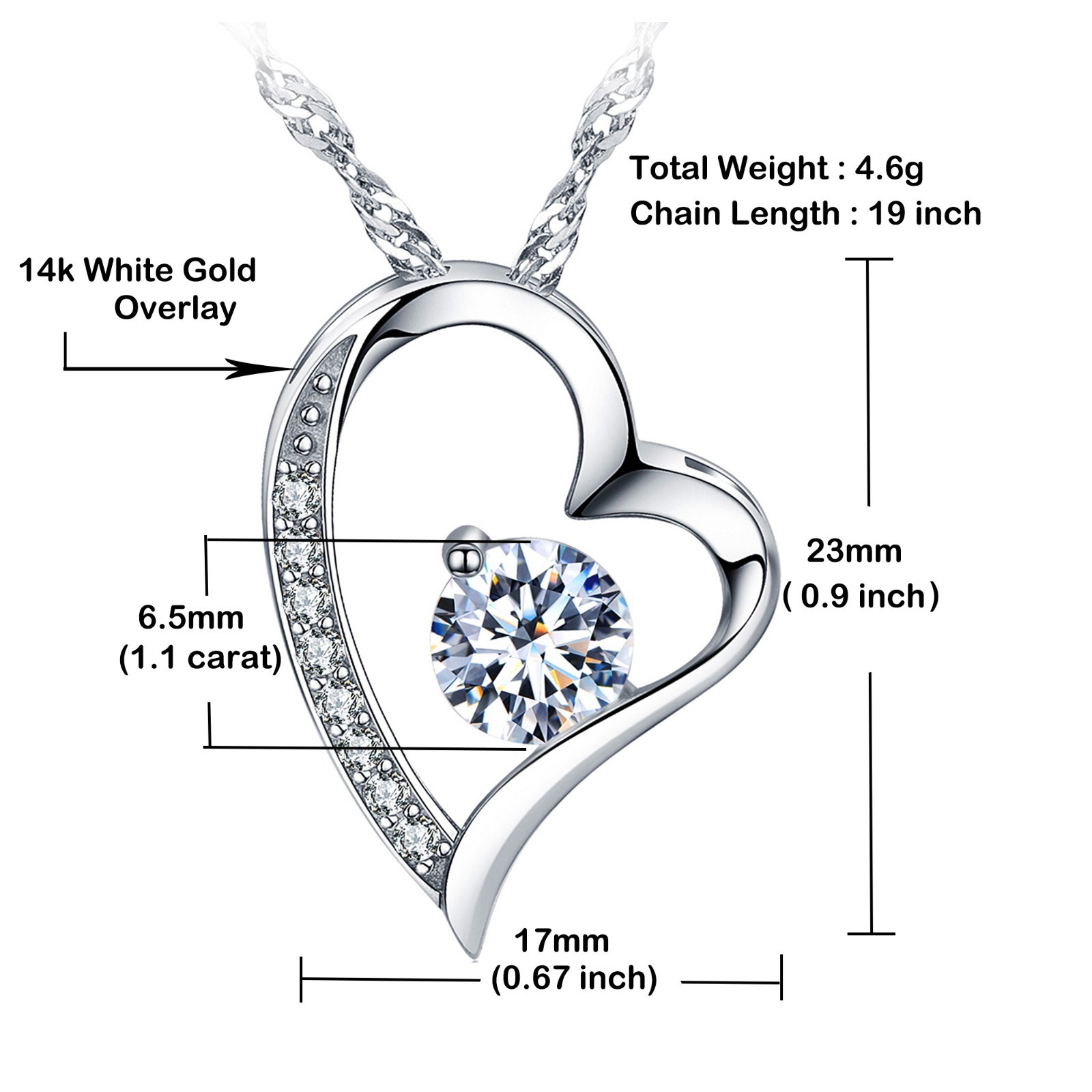Women Necklace 14k White Gold Plated CZ Forever Lover Heart Pendant Necklace