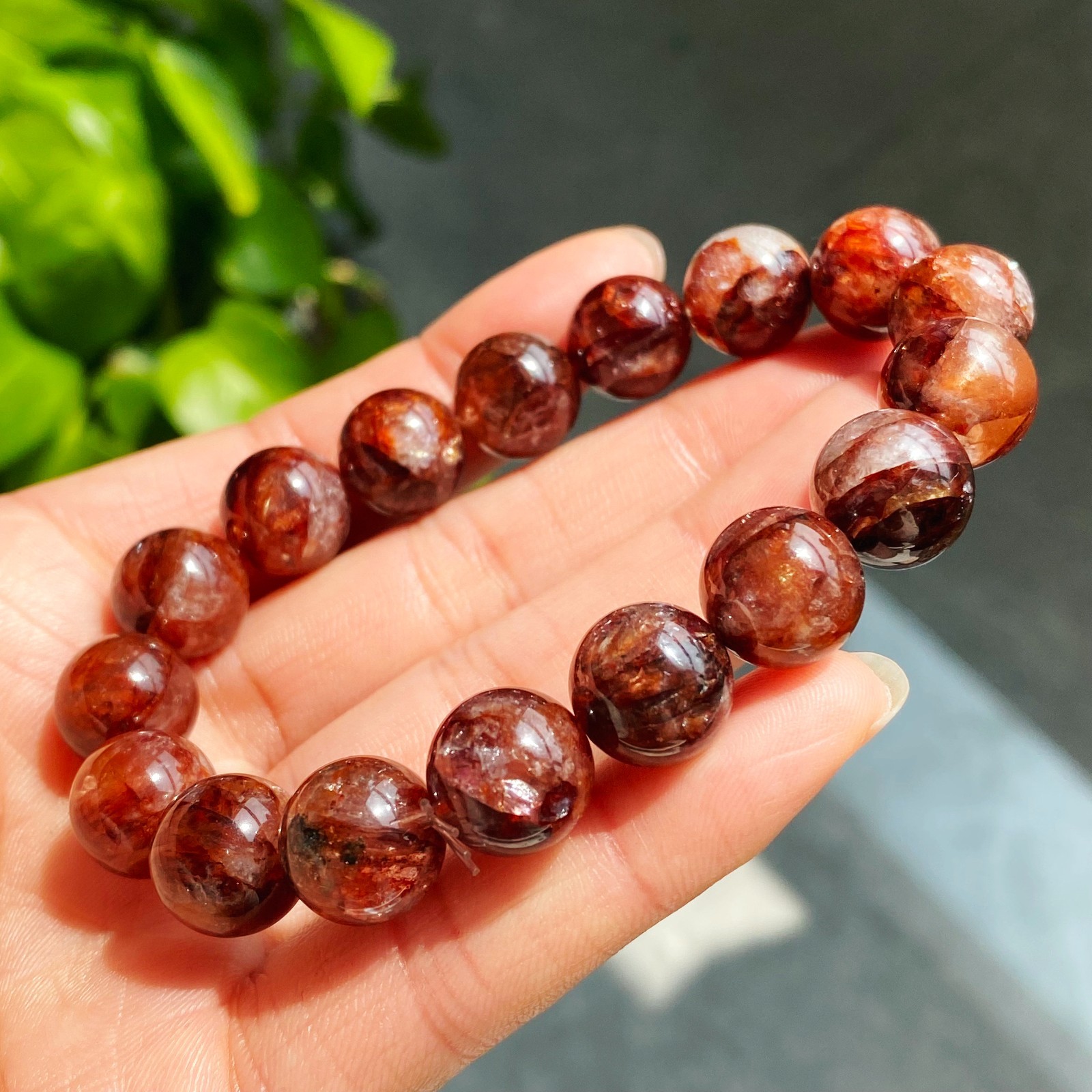 11.8mm Natural Red Multi-inclusions Phantom Quartz Crystal Beads Bracelet 2909