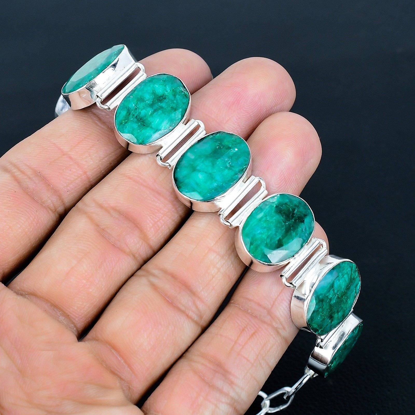 Zambian Emrald 925 Sterling Silver Oval Gemstone Jewelry Bracelet 8″ AAB 1176