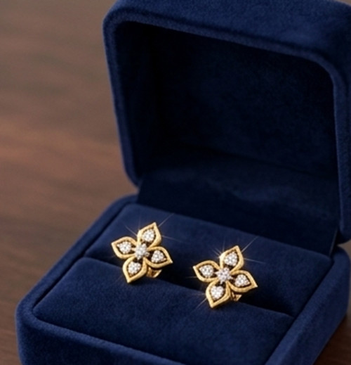 Simulated Diamond Quatrefoil Flower Cluster Stud Earrings 14K Yellow Gold Plated