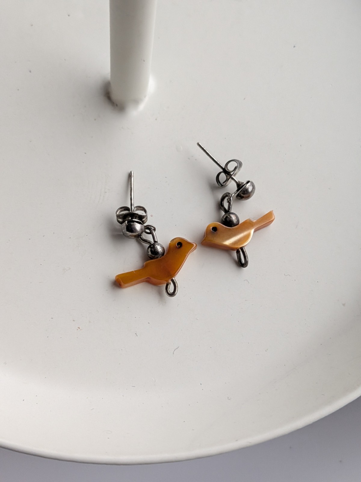 MCM Dainty Fetish Pierced Silver Tone Earrings Carved Orange Brown Shell Birds