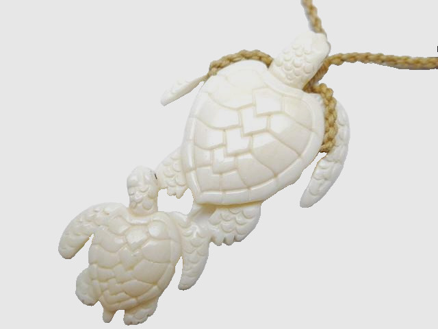 31MM CARVED WATER BUFFALO BONE HAWAIIAN ADULT BABY HONU SEA TURTLES NECKLACE 27″