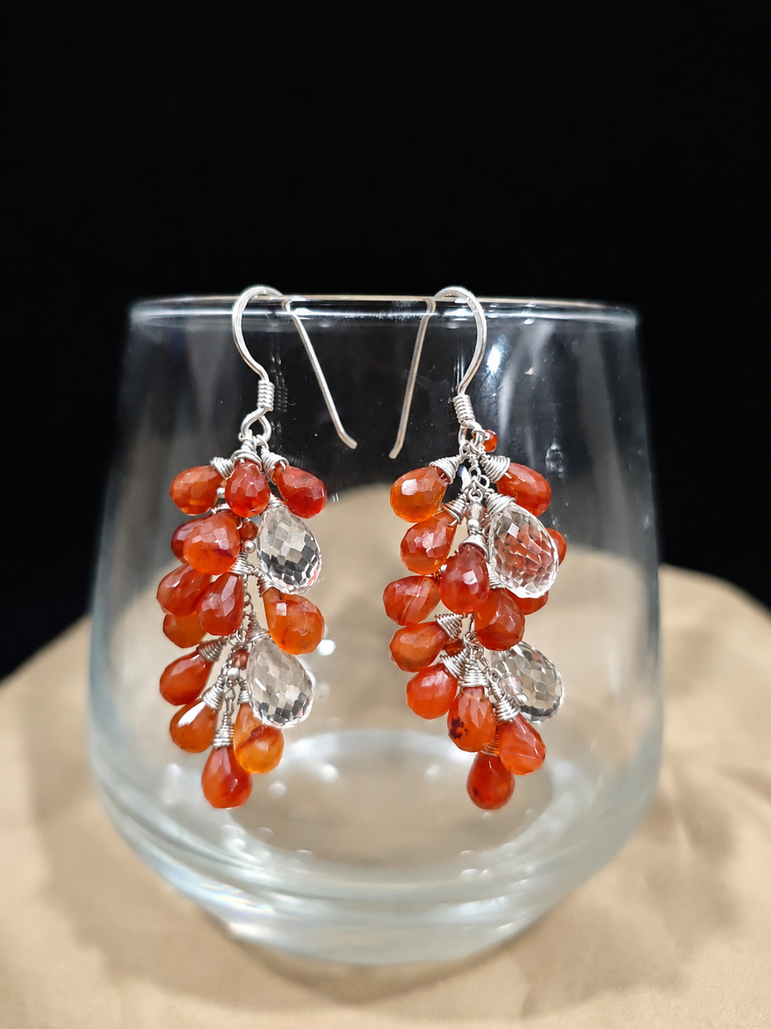 Carnelian & crystal quartz gemstone 925 sterling silver earrings jewelry to gift