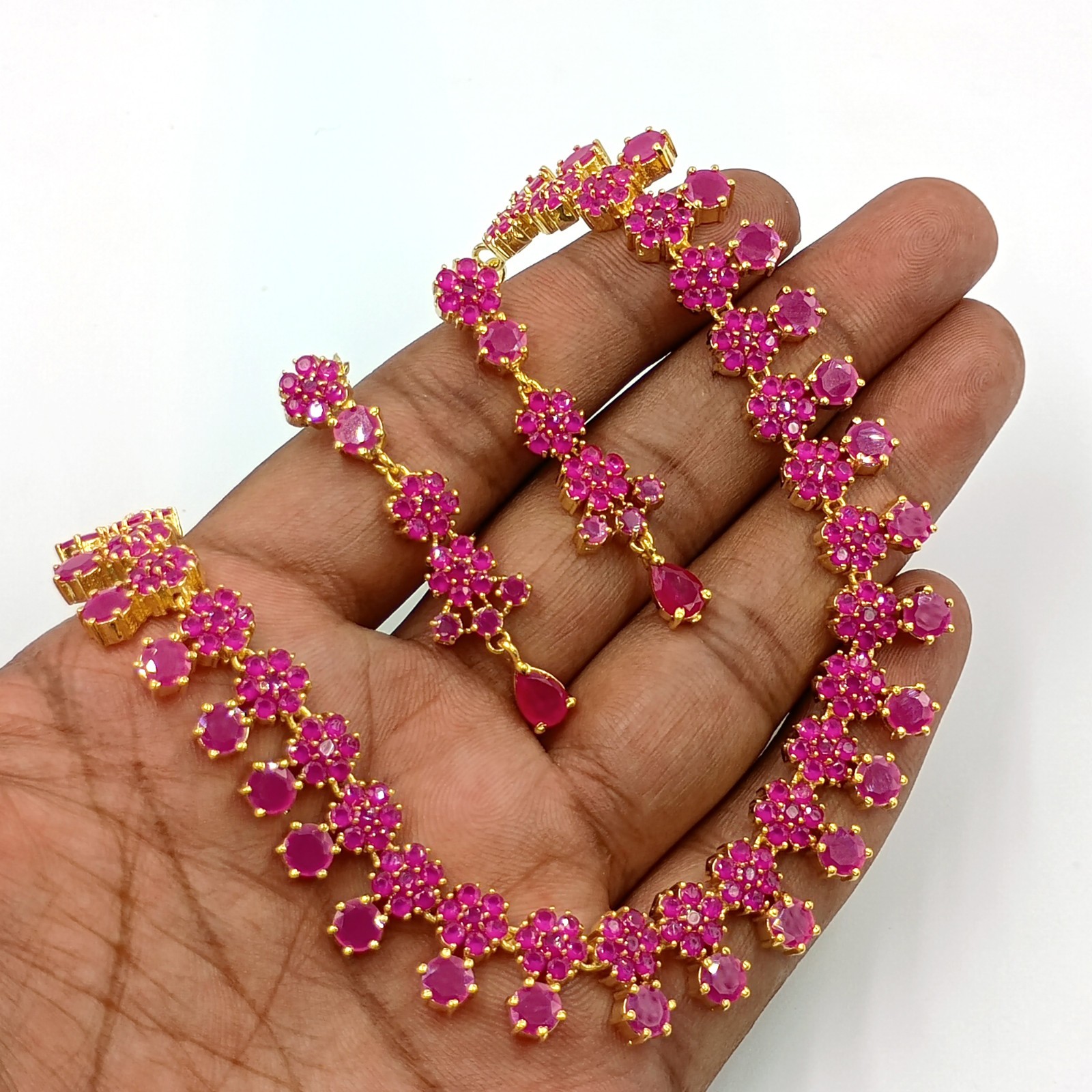 Indian 22k Gold Plated Ruby Floral Statement Necklace Set Wedding Jewelry