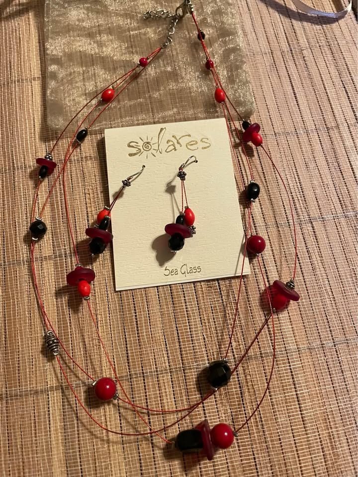 Solares Red Black Sea Glass Multi Strand Necklace Dangle Earrings Set NWT
