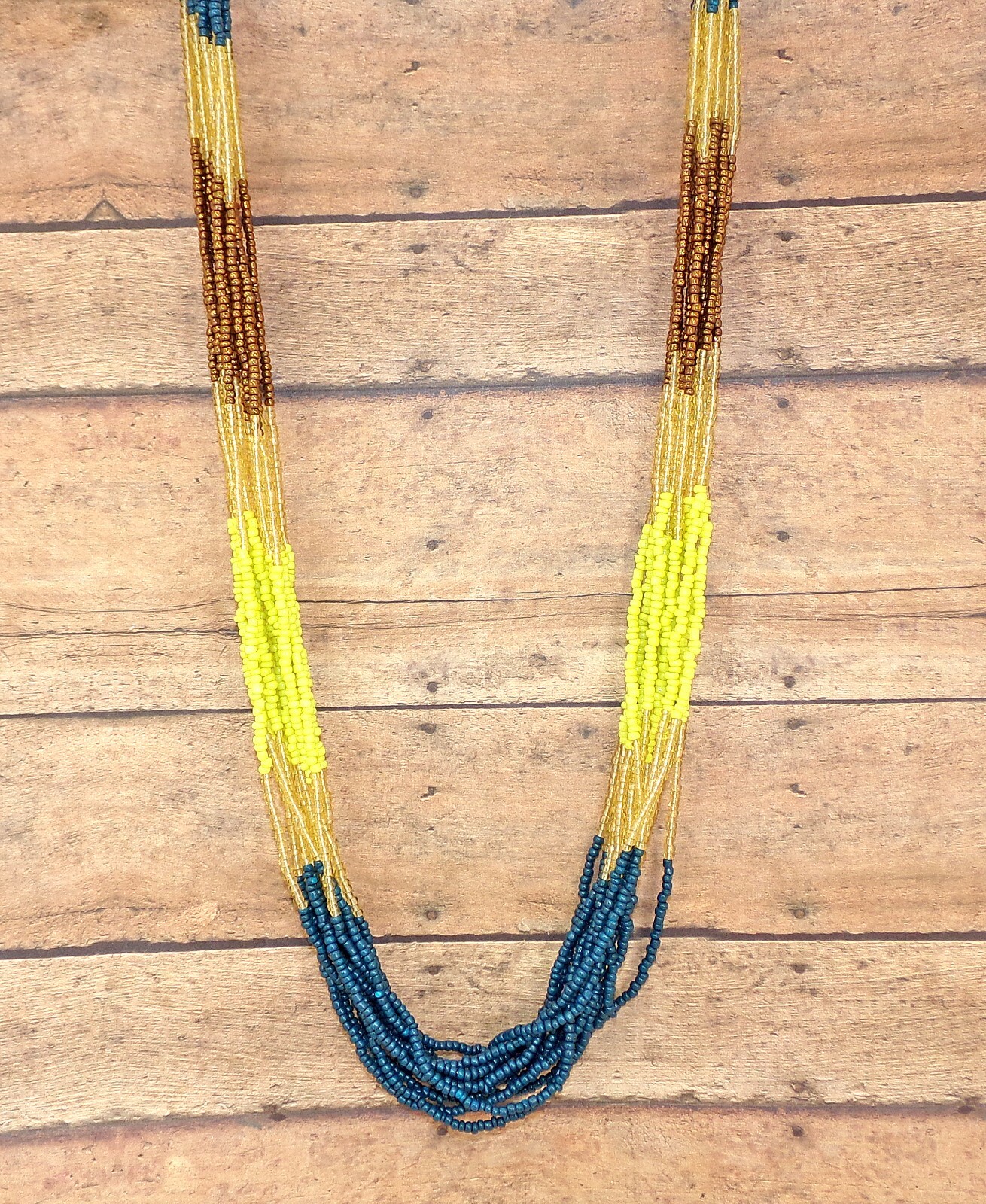 Multi color seed bead necklace and earring set in brown, yellow, blue, beige NEW