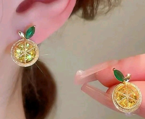 Set Of 5 Micro Mini Stud Earrings, Fruits Embellished With Rinestones. Goldtone