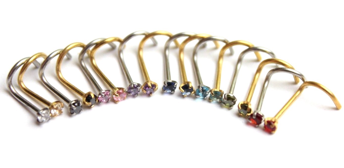 1 5 10pc BULK LOT Claw Nose Screw 2mm Gem 20g Bar Stud Ring Crystal Rose Gold