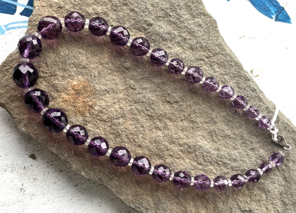 Purple Faceted Amethyst Glass Beaded Necklace- Sterling Silver Clasp Free Ship