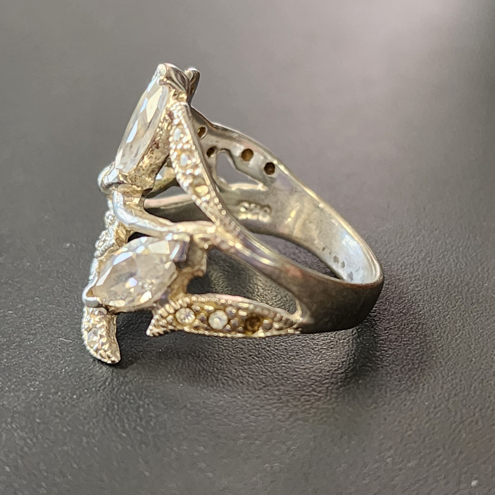 Sterling Silver 925 Ring Sz 7 White Stone Engraved Wide Band Cocktail 1″ Flawed