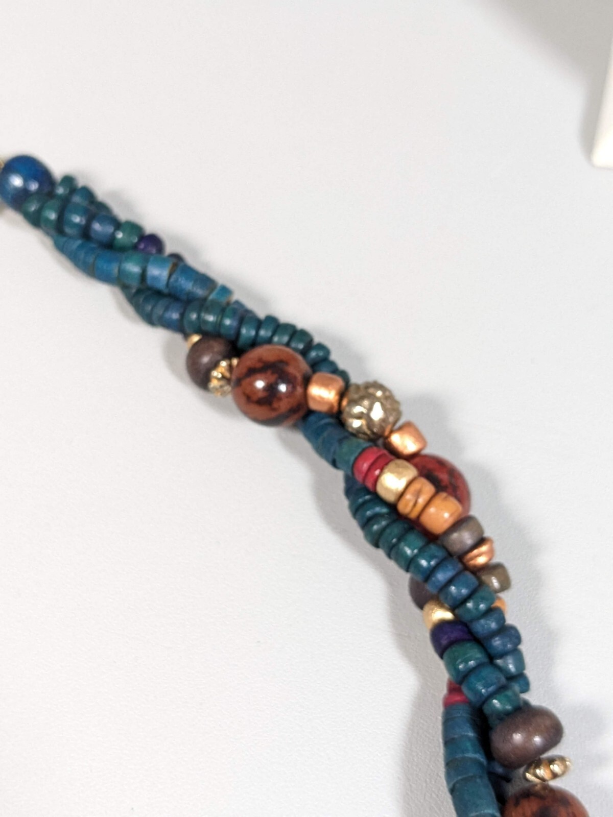 Vintage Gold Tone Green Blue Brown Wood Twist Necklace 24 inches