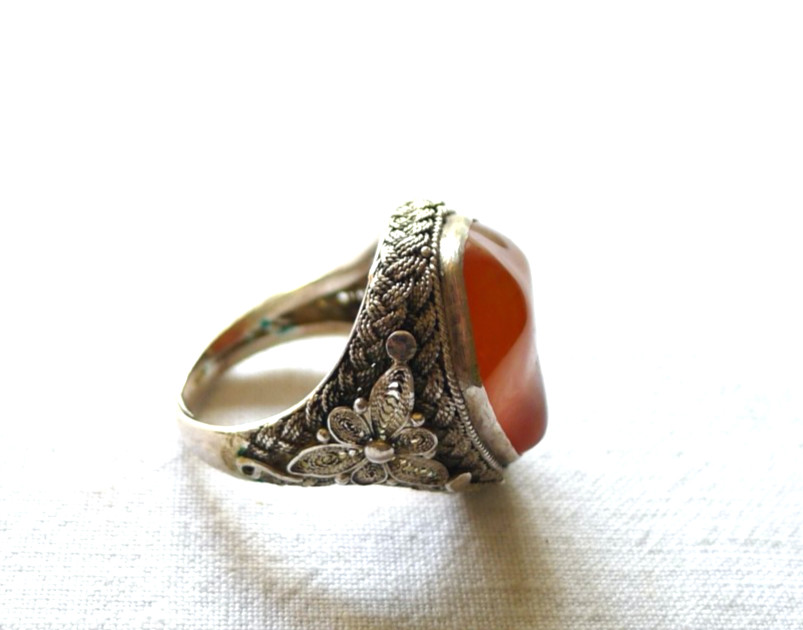 OLD CHINESE RING FILIGREE SILVER HARD STONE CHINA EXPORT VINTAGE CHINA