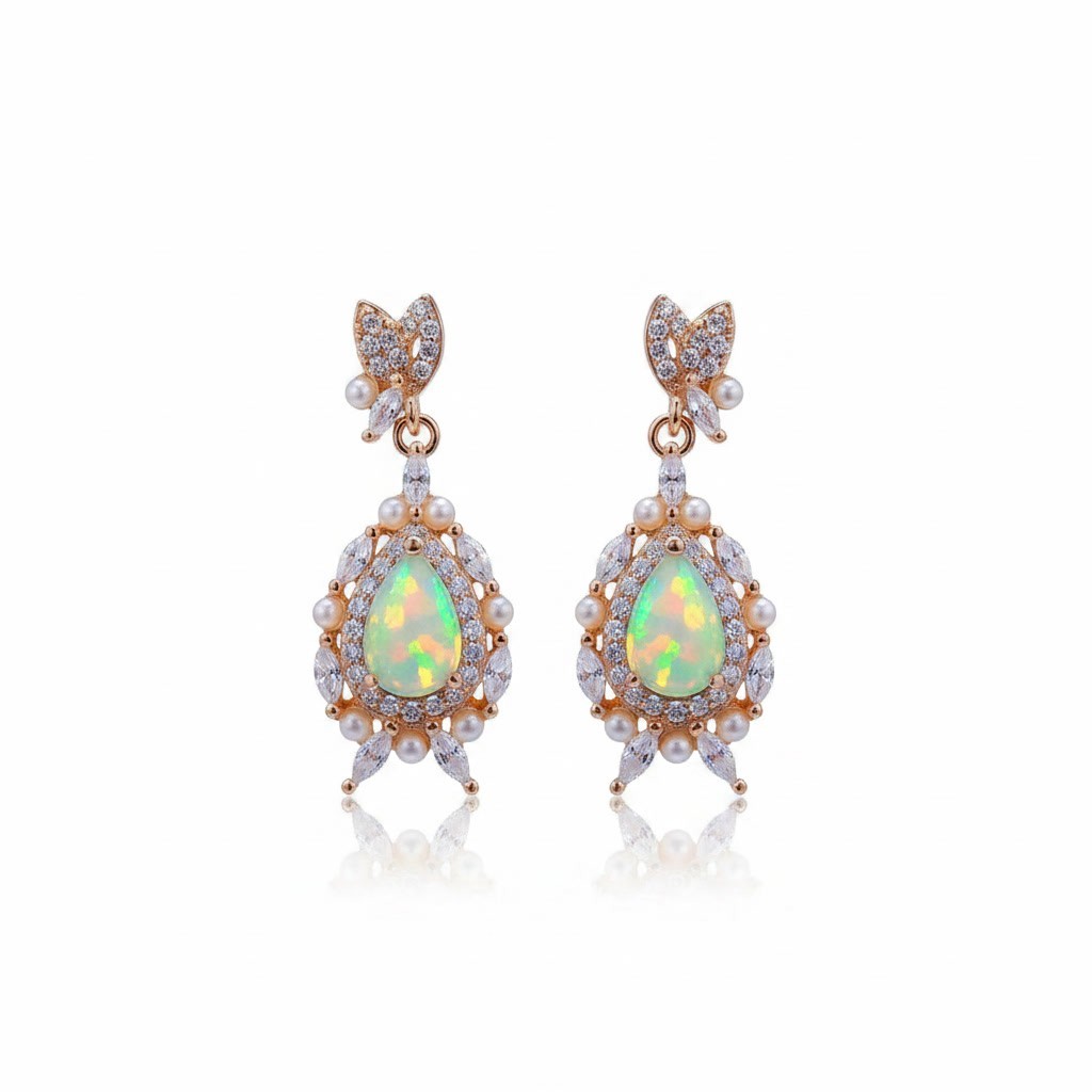 Fire Opal Elegant Drop Dangle Earrings 4x5mm 925 Sterling With Platinum Plating