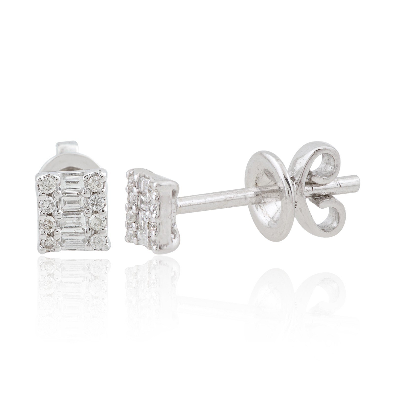 Diamond Earrings Studs 10k White Gold 0.16ct Round & Baguette Cut Studs Earrings