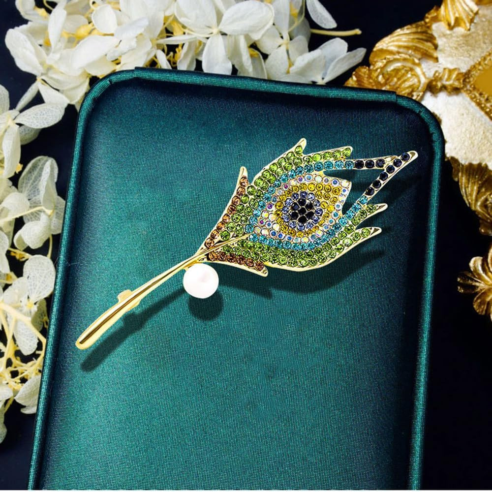 Vintage Peacock Feather Green Rhinestone Brooch Pin