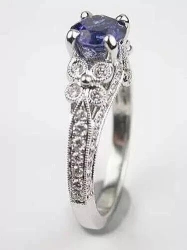 Art Deco Style 2.5Ct Created Blue Sapphire Engagement 14K White Gold Finish Ring