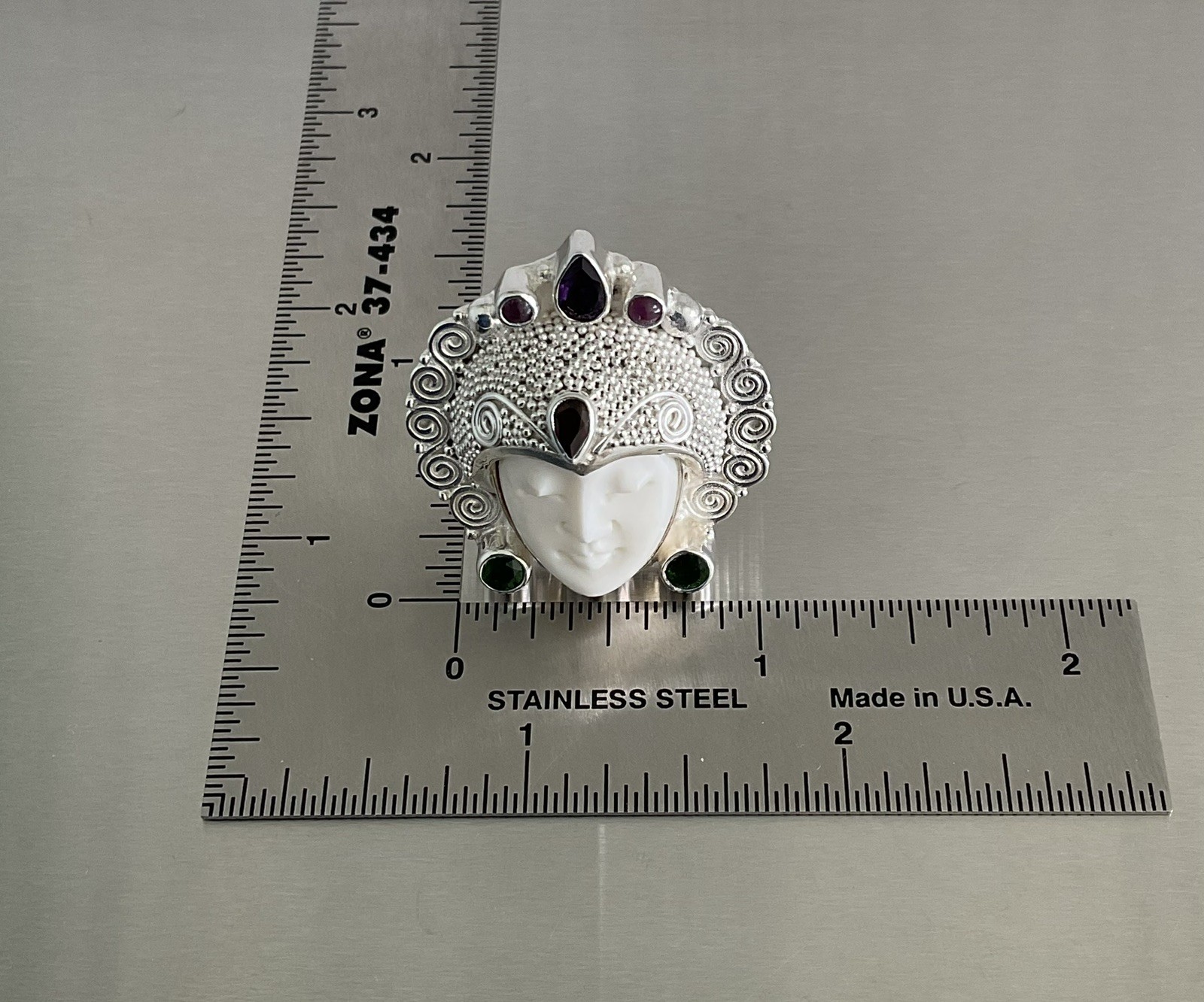 Sajen Silver Carved Goddess Ring Multi Gemstones 925 Sterling Silver Size 9