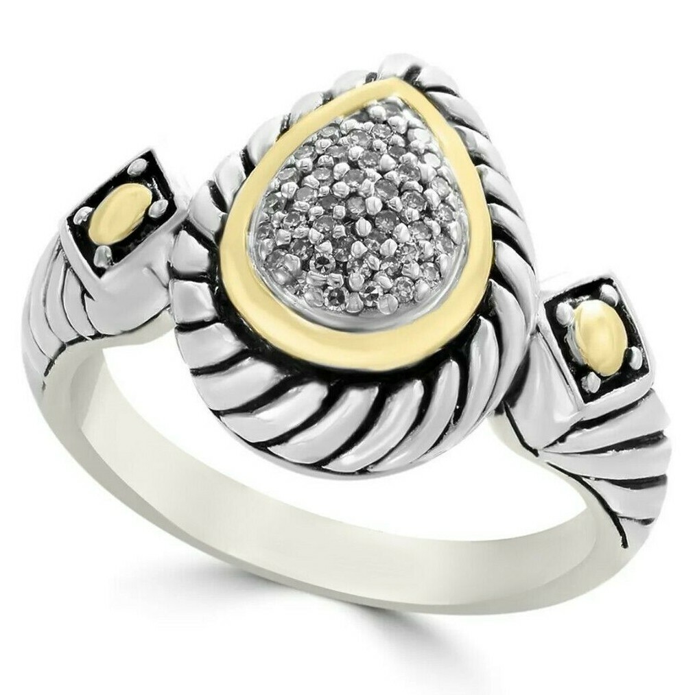 Effy Sterling Silver & 18K Yellow Gold Pave Teardrop Diamond Ring Size 7