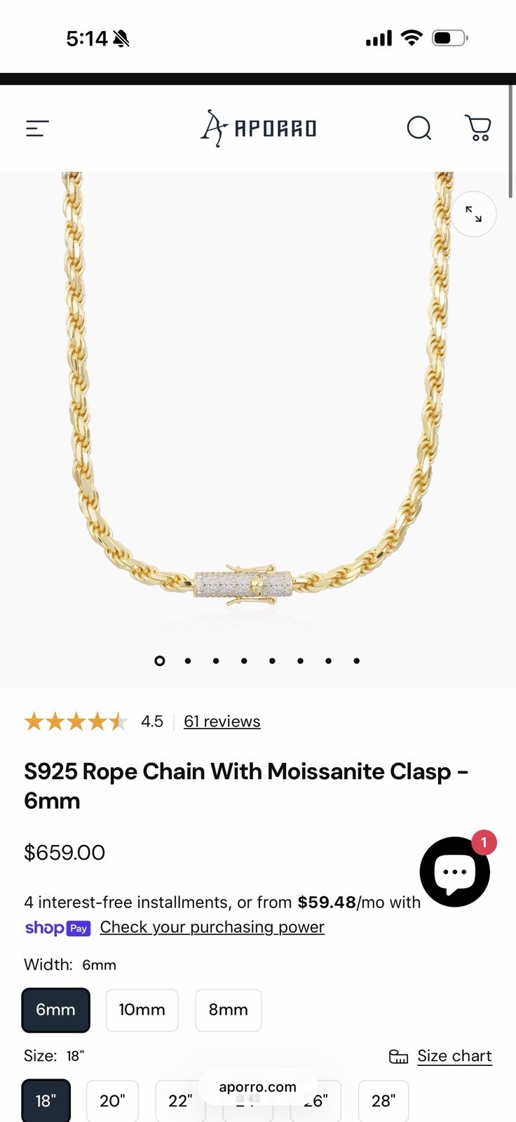 S925 Rope Chain With Moissanite Clasp – 6mm $659 MSRP 18in chain