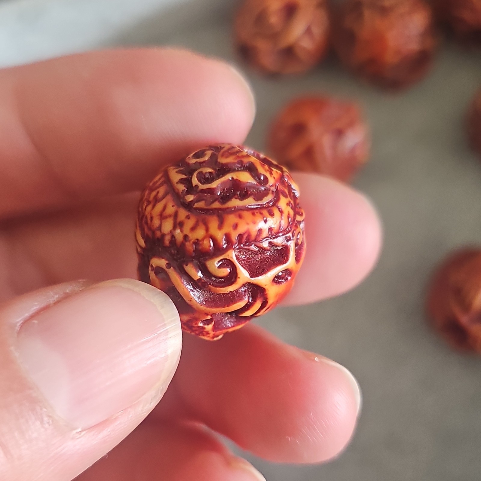Carved Resin Dragon /Phoenix Round Beads 20mm Orange/Brown Large Hole Lot of 9