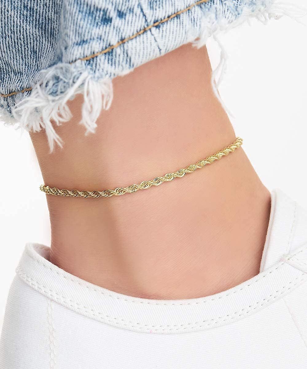 18K Gold Plated Braided Rope Anklet for Women, 2.7 MM Thick, 10 Inches Long – Ma