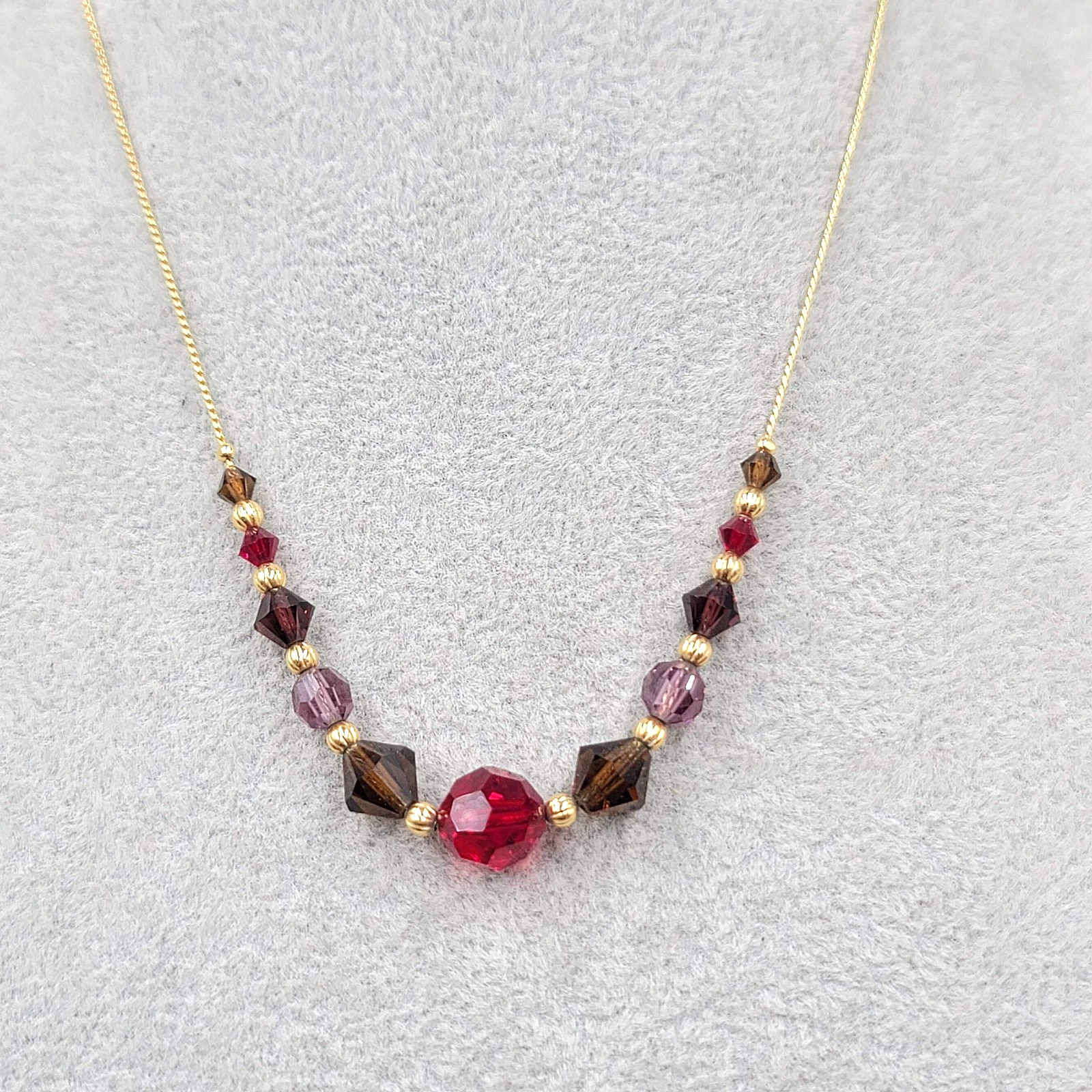 Red Brown Purple Crystal Bead Necklace Gold tone Chain 16″-19″