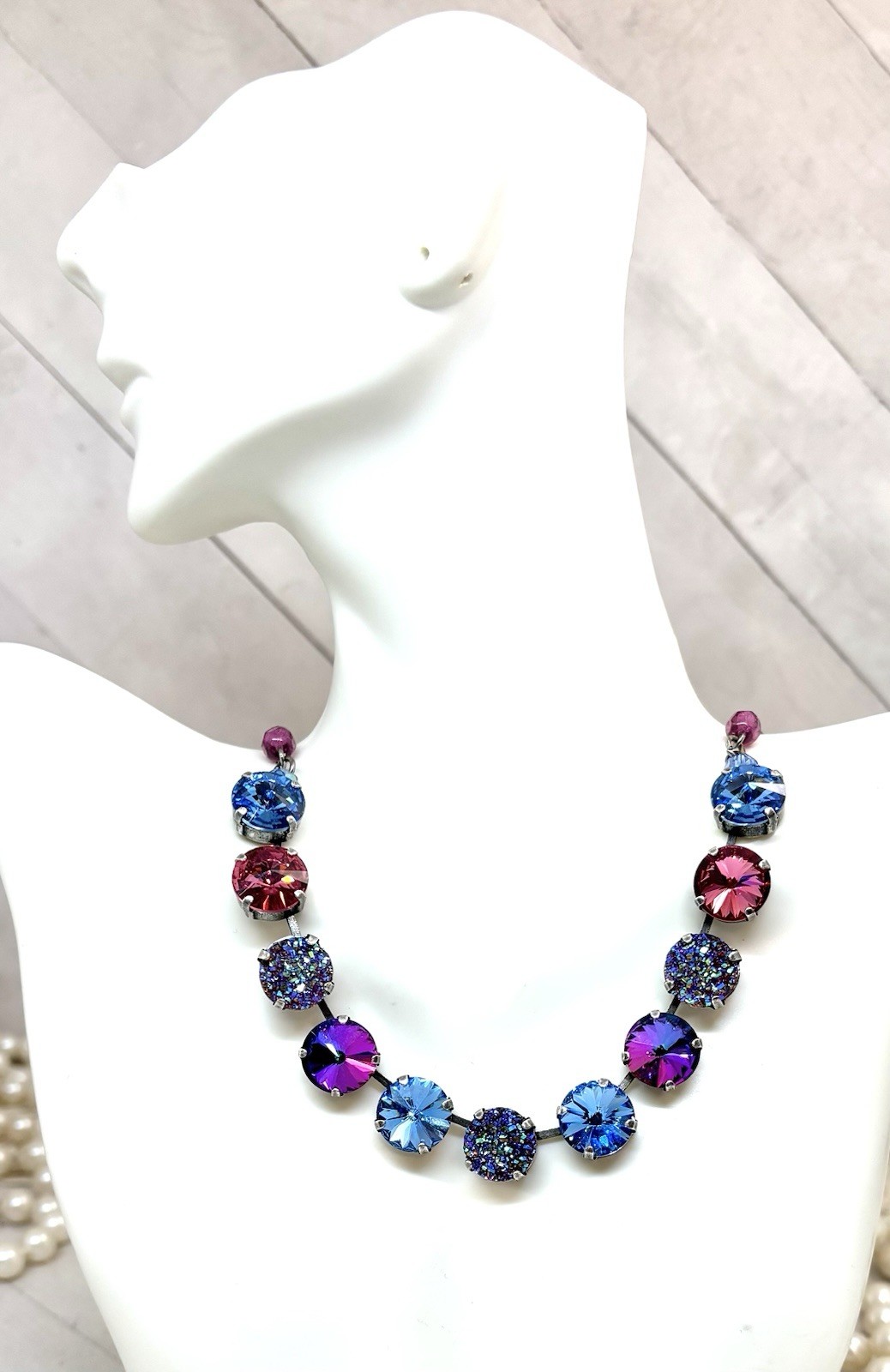 12mm Antique Silver Plated Ice Blue And Pink Druzy Cup Chain Statement Necklace