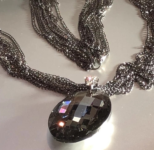 14K Black Rhodium Plated Big Oval Pendant Long Sweater Chain Necklace Gorgeous
