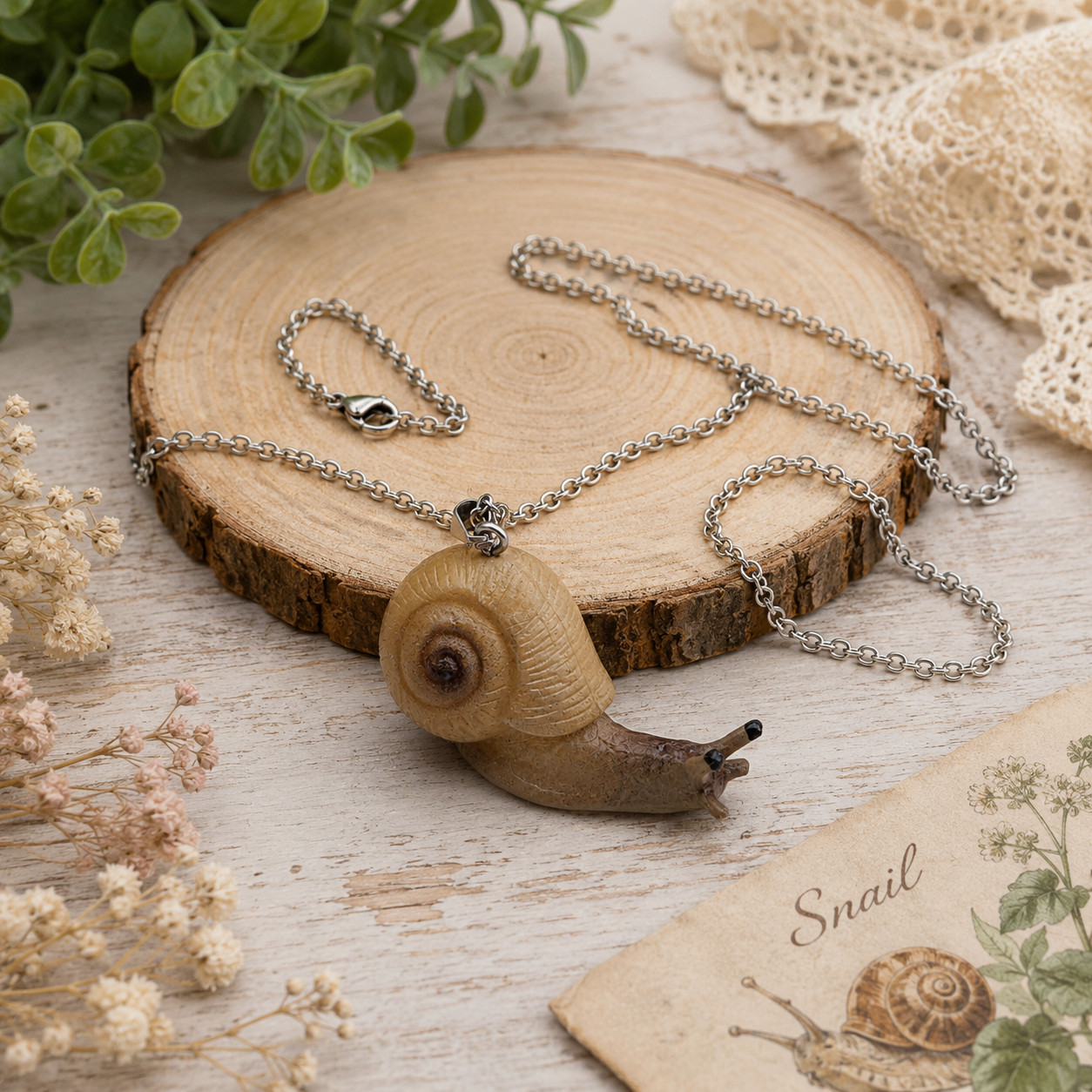 Brown Resin Snail Pendant Necklace Silver Tone Rolo Chain 18.5 In Whimsical