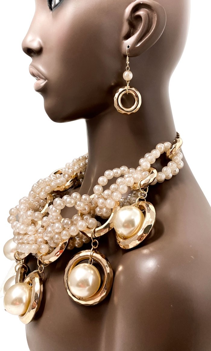 Faux Pearls Clear Statement Burlesque Inspired Bib Chunky Necklace Earrings Set