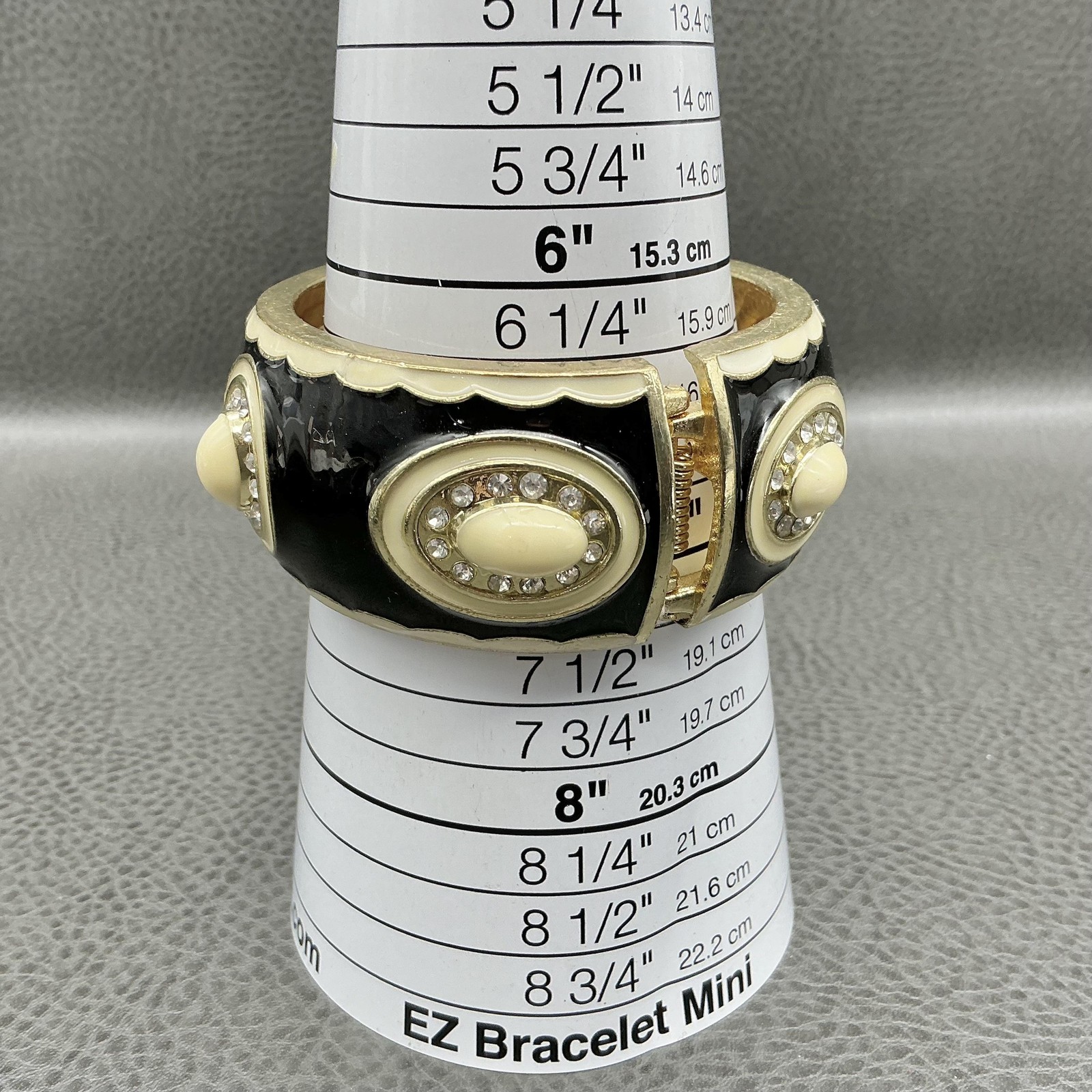 Bracelet Black Enamel Hinge Bangle Cream Cabochon Rhinestone Accents 7 inch