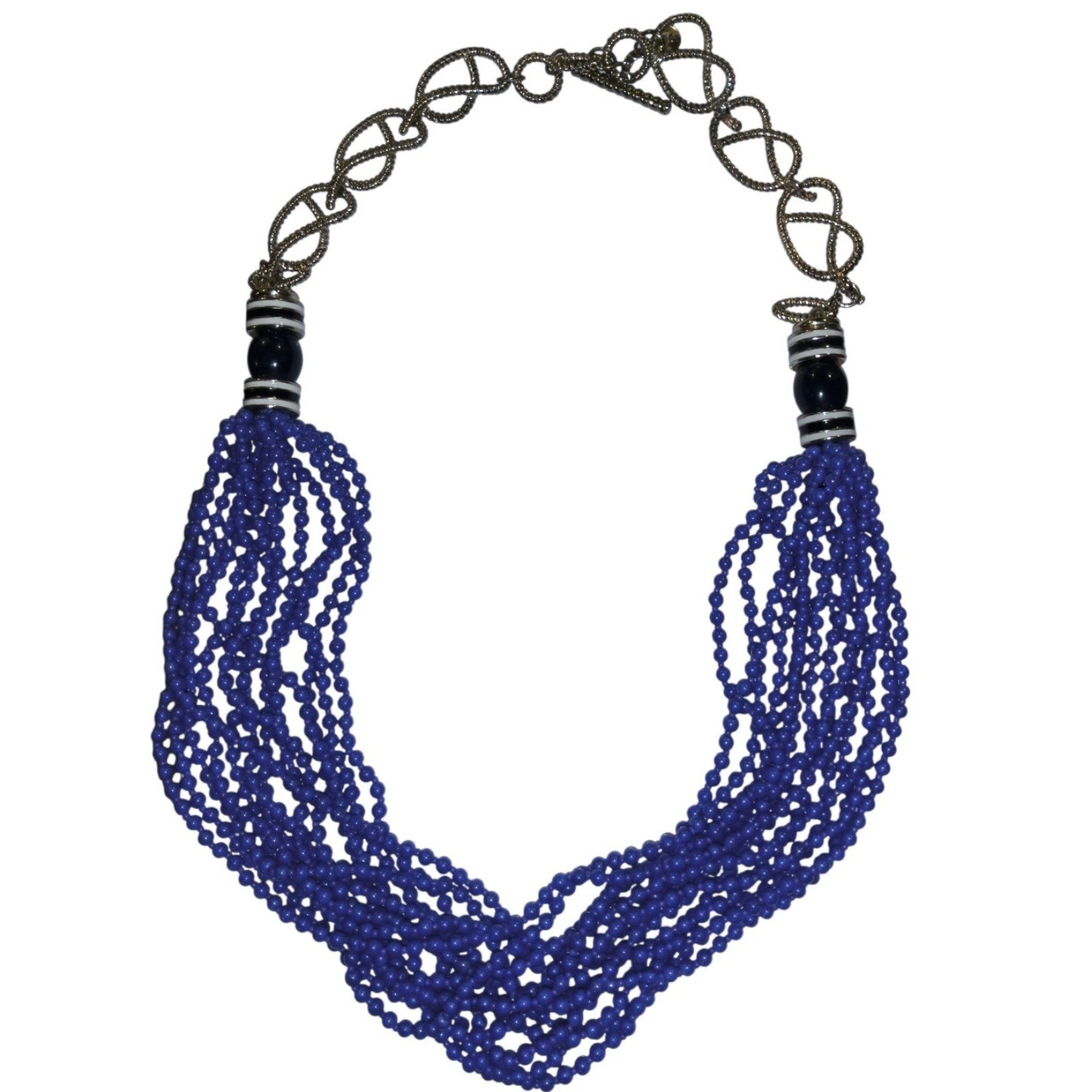 Blue Glass Multi Strand Statement Necklace Boho Bib Draped Adjustable Nautical