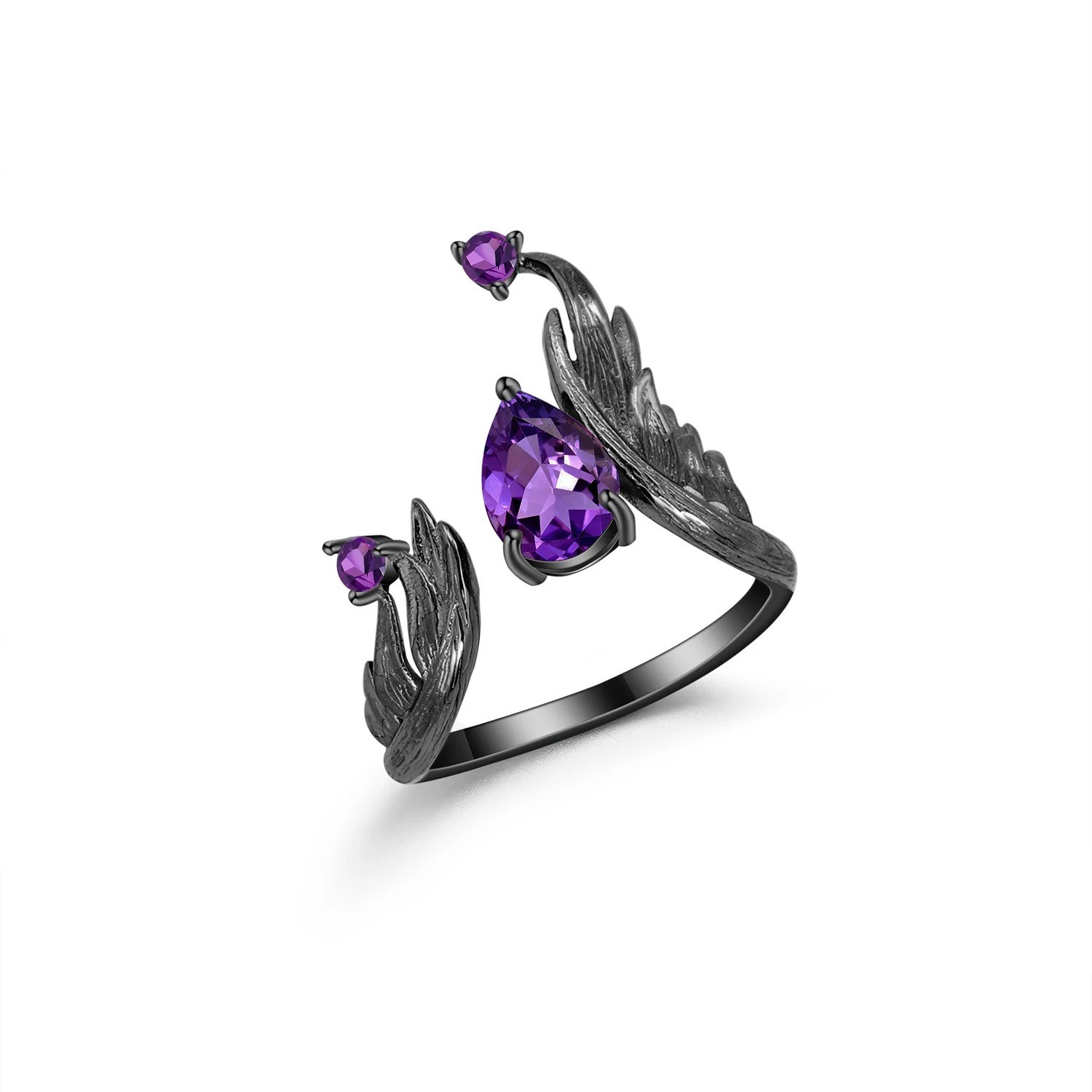 1.43Ct Natural Pear Amethyst Gemstone Handmade Bird Feather 925 Silver Ring