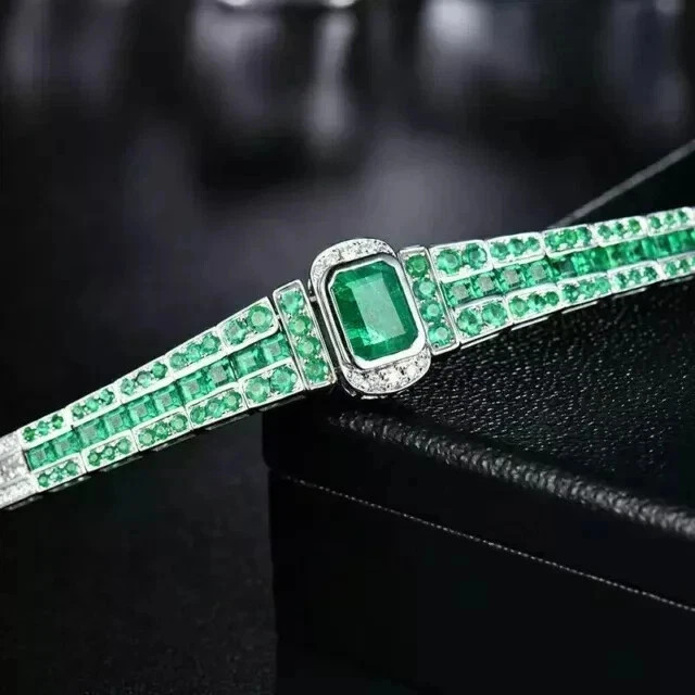 925 Sterling Silver Princess Cut Lab Created Green Emerald Men’s Tennis Bracelet