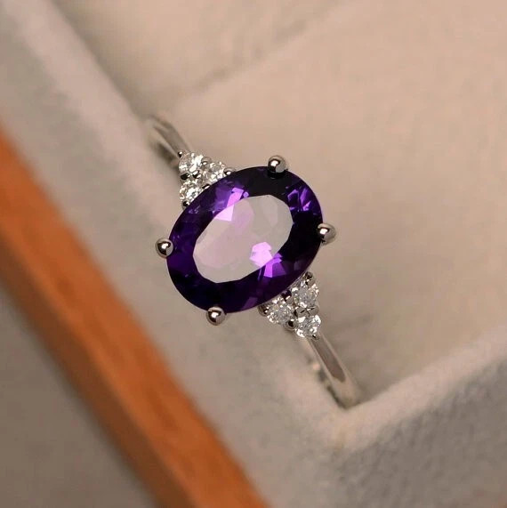 2.15 Ct Oval Cut Natural Amethyst & Diamond Wedding Ring 925 Sterling Silver