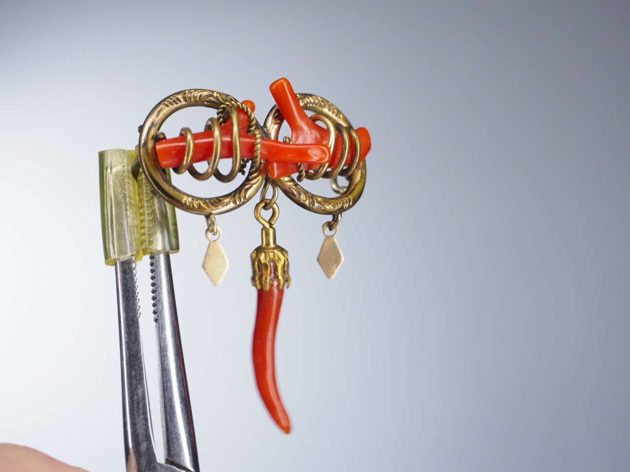 Antique double love knot brooch coral branch pin with dangles C-clasp jewelry