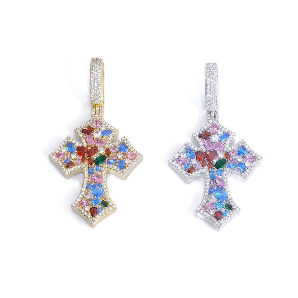 Mens Women Cross Pendant Gold Plated Colorful CZ Pendant Chain Gift Hip Hip