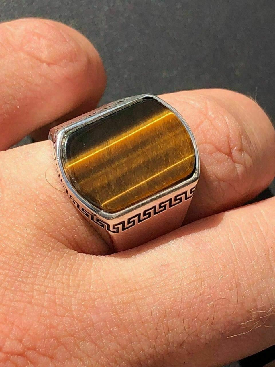Solid 925 Sterling Silver Tiger’s Eye Mens Signet Ring Size 7 8 9 10 11 12 13
