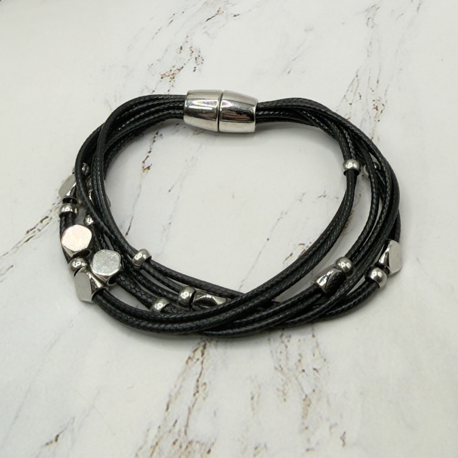 Black Multi-Cord Strand Bracelet Silver Tone Metal Bead Charm Design – 7.5 Inch
