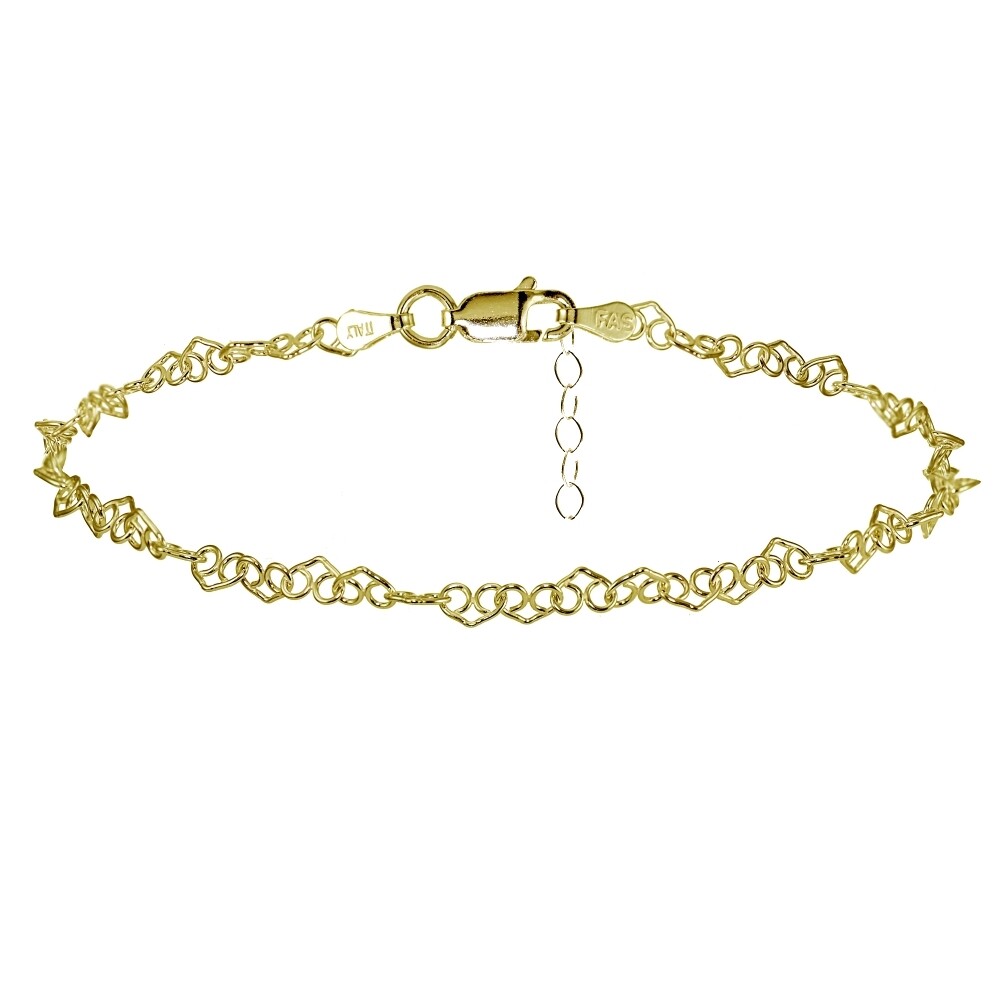 Yellow Gold Flashed Sterling Silver Fancy Heart Link Chain Anklet