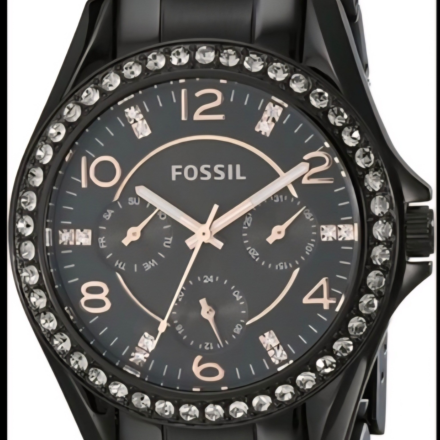 Fossil Riley Black Stainless Steel Crystal Bezel Multifunction Watch ES3644