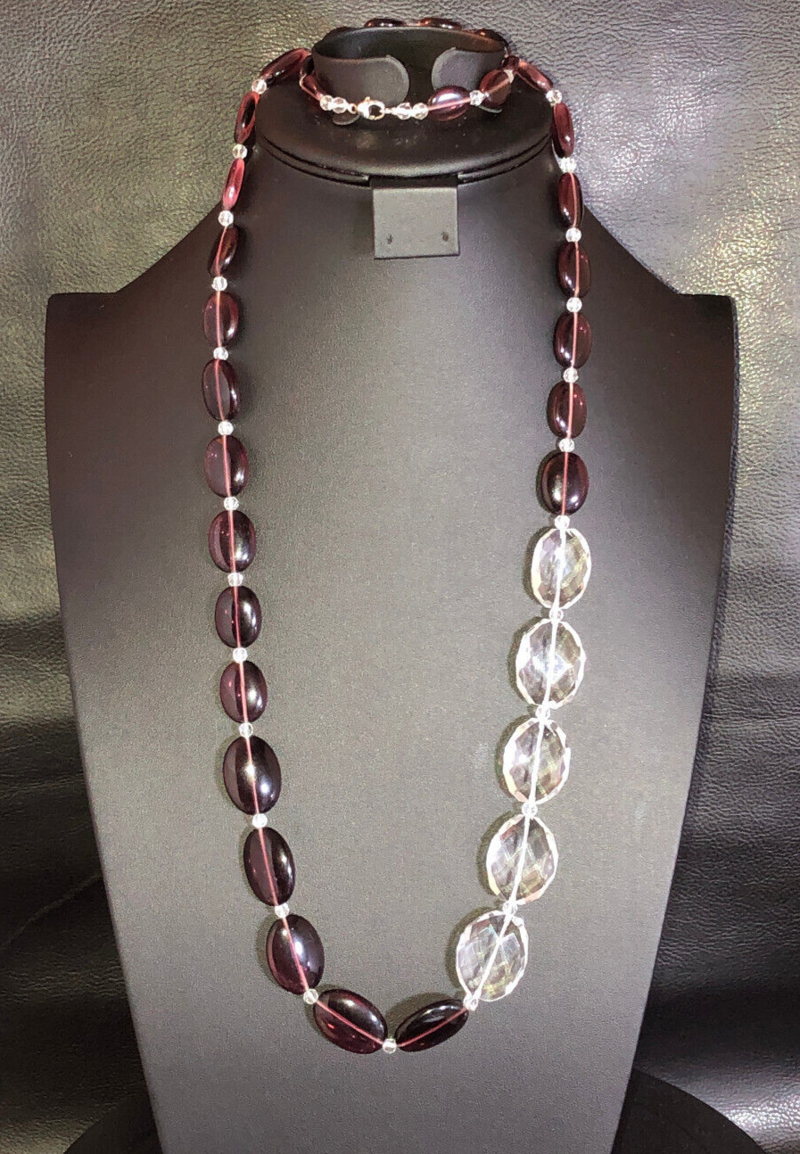 Burgundy Glass & Quartz Crystal Bead Station Necklace Sterling Silver 925 5393