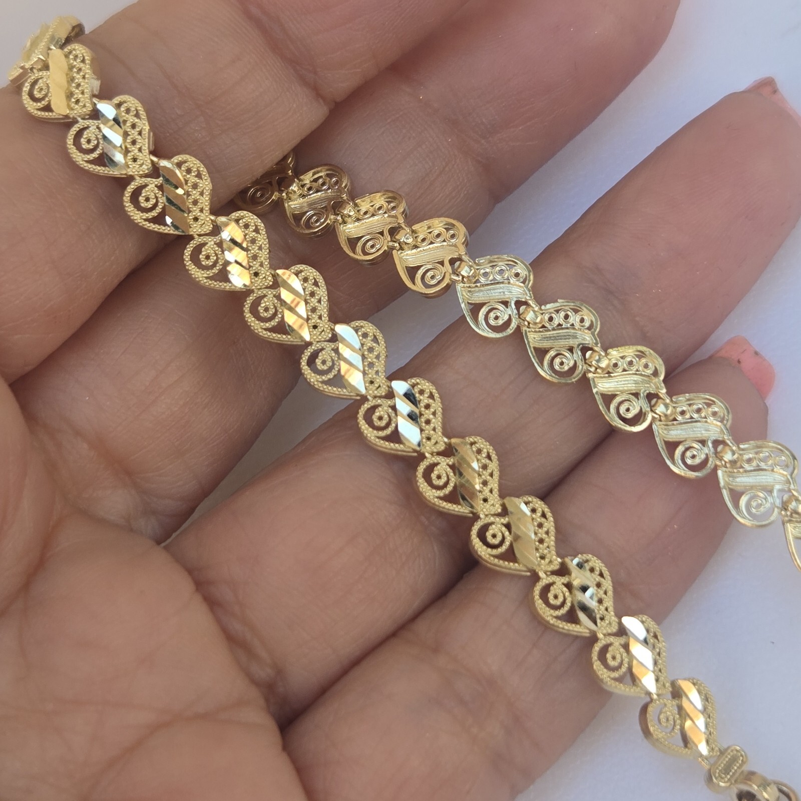Solid 10k yellow gold hearts Bracelet 8 Inches Long Diamond Cut Large Size