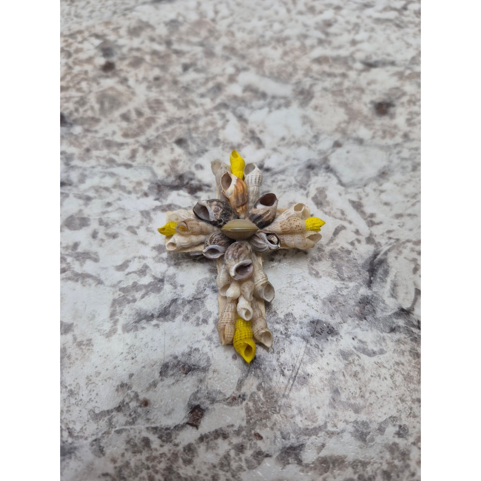 Seashell Cross Brooch Pin Nautical Beach Coastal Yellow Accents