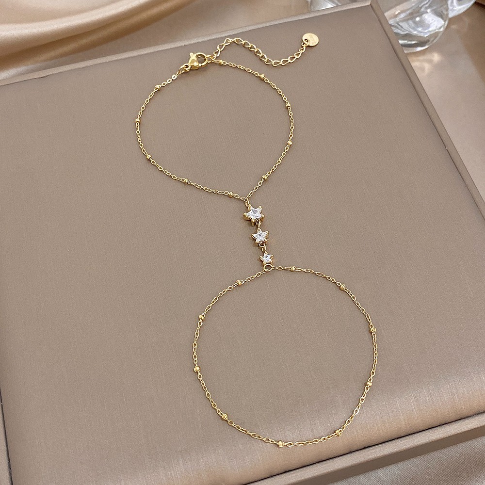 Star Finger Ring Bracelet Women Stainless Steel CZ Link Chain Hand Jewelry Gold